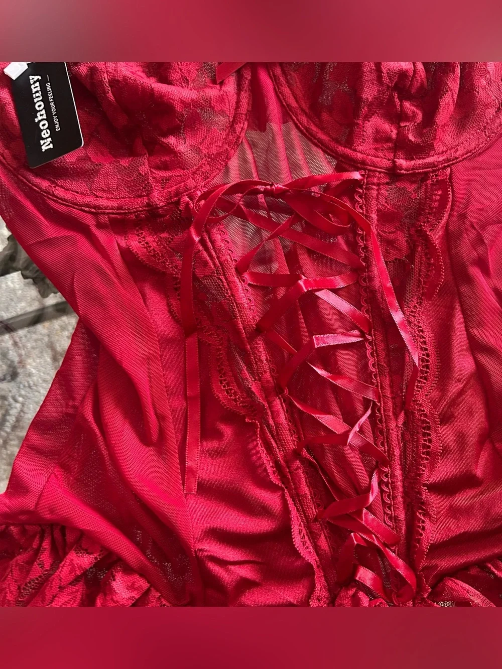 Neohouny Red Lace-Up Corset Lingerie Set